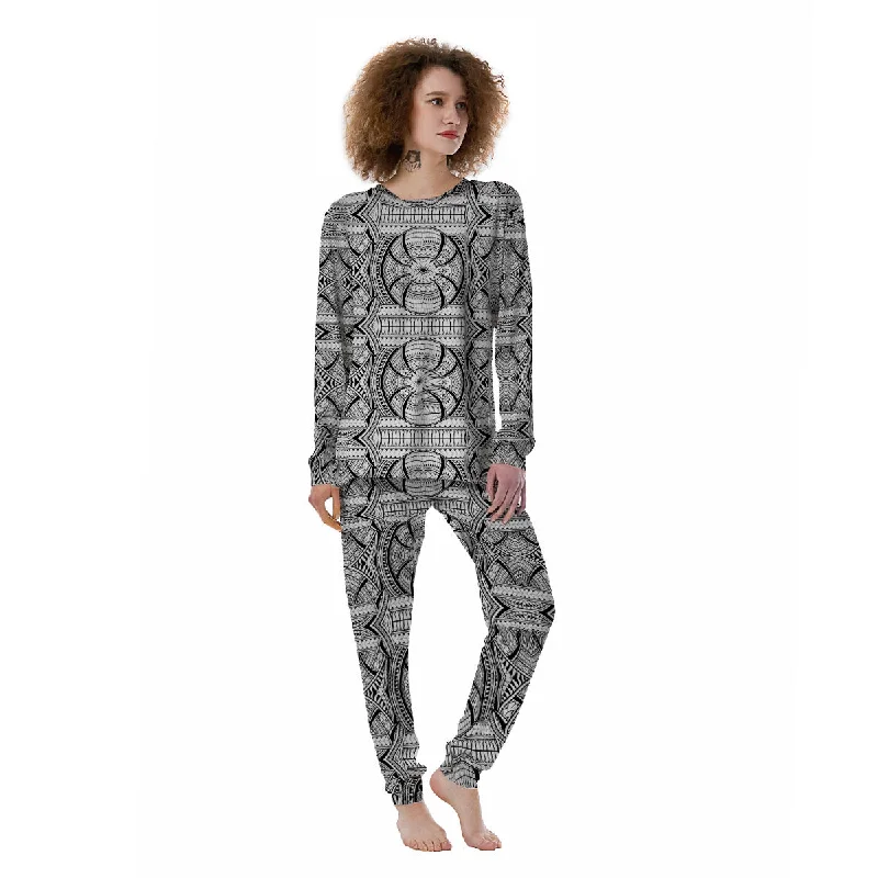 Maori Polynesian White And Black Print Women's Pajamas Party pajama sets