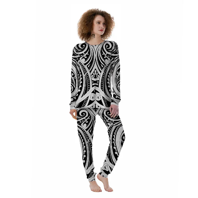 Maori Tattoo White And Black Print Women's Pajamas Cartoon pajama sets