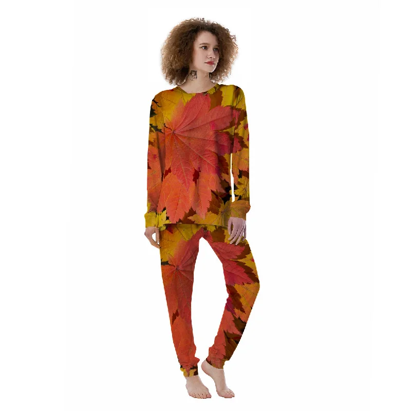 Maple Leaves Autumn Print Women's Pajamas Pajama sets with pockets