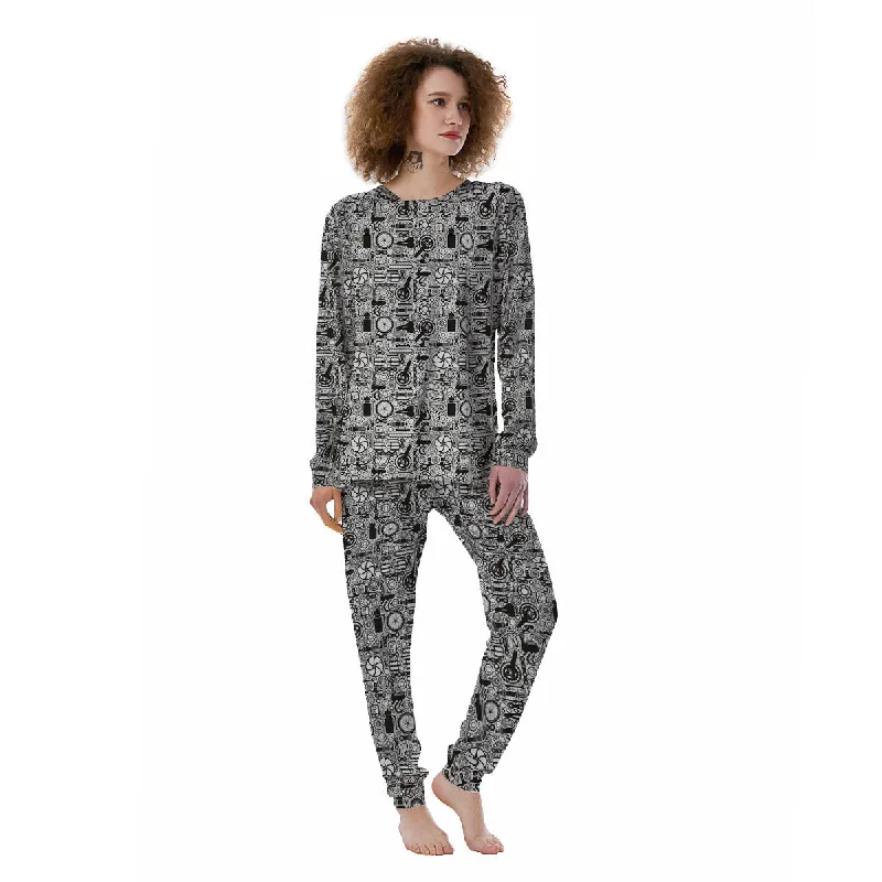 Mechanic White And Black Print Pattern Women's Pajamas Best pajama sets for lounging