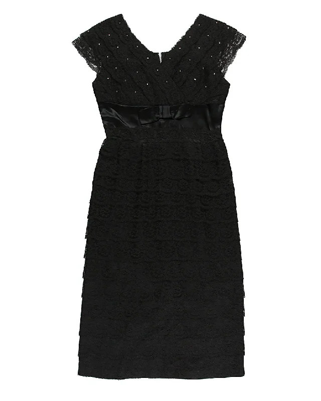 Vintage 50s Black Tiered Lace & Rhinestone Wiggle Dress - S Sleeveless pajama sets