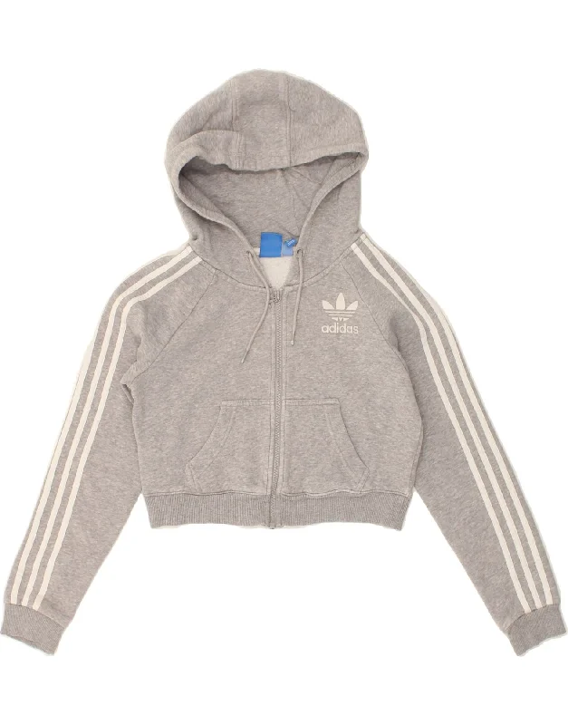 ADIDAS Womens Crop Zip Hoodie Sweater UK 6 XS Grey Cotton Spring sweaters