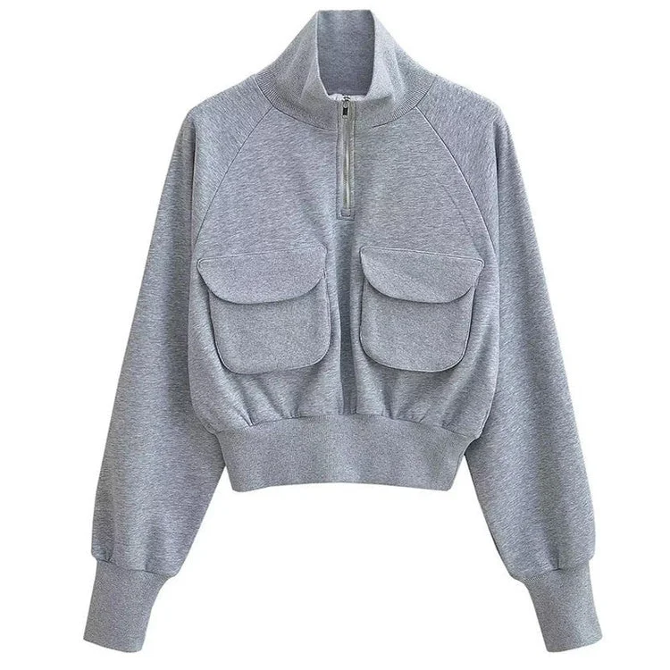 Front Pockets Grey Zip Up Sweatshirt Spring sweaters