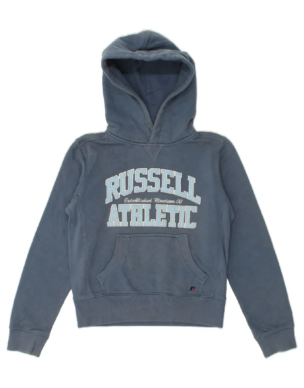 RUSSELL ATHLETIC Womens Crop Graphic Hoodie Jumper UK 14 Medium Navy Blue Fashionable sweaters