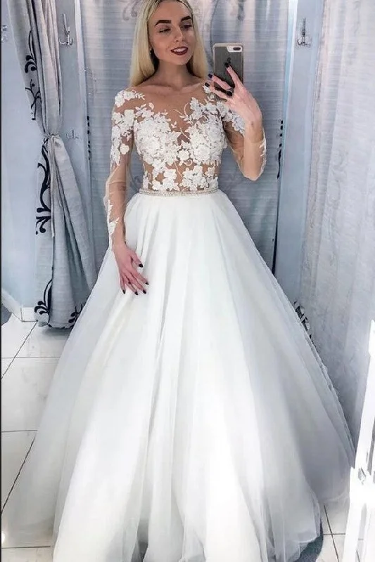 A-line Crystal Wedding Dress Deep V-neck Floor-length With Appliques Lace Ruffled Wedding Dress