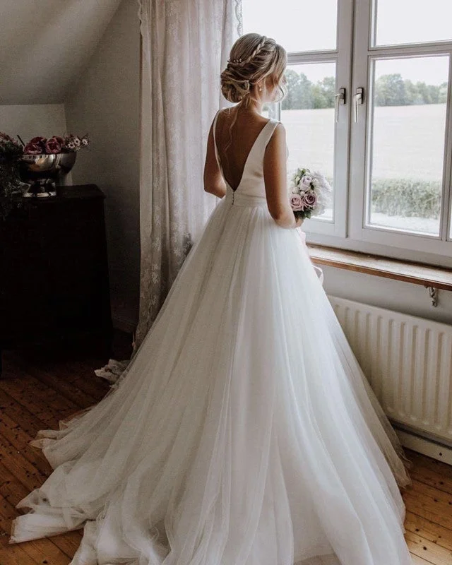 A-line Open Back Organza And Tulle Princess Wedding Dresses With Bow Soft Lace Gown