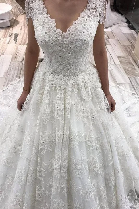 A-Line Tulle Off-the-Shoulder Long Wedding Dress With Lace Appliques Sleek Wedding Dress