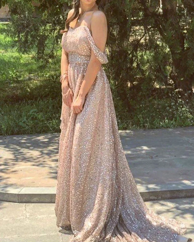 Glitter Tulle Prom Dresses Off The Shoulder Beaded Bridal Gown