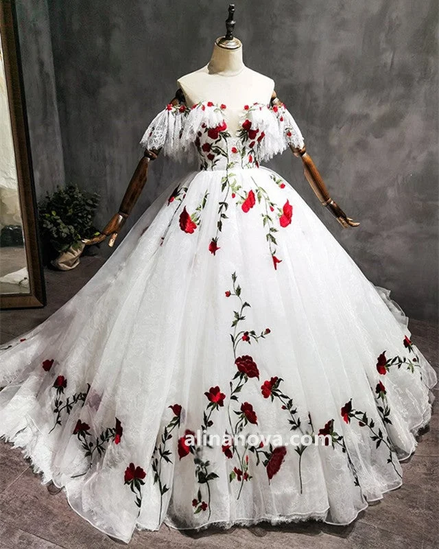 Ball Gown Lace Off Shoulder Wedding Dresses With Red Foral Flowers Silk Bridal Dress