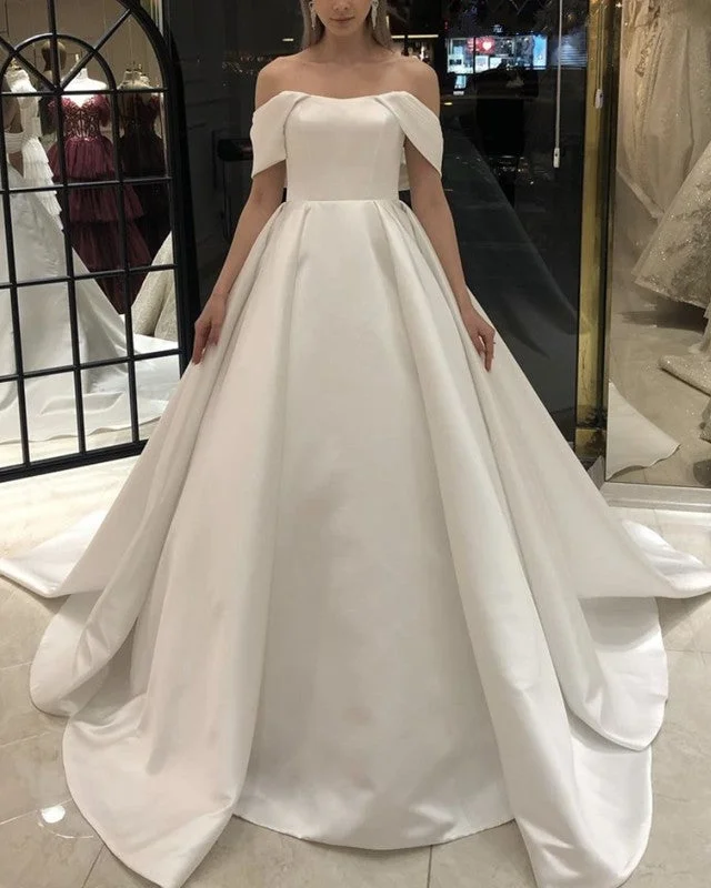 Ball Gown Princess Off Shoulder Wedding Dress Satin Lace Wedding Gown