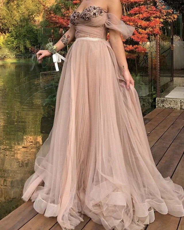 Tulle Sweetheart Embroidery Wedding Boho Dresses Off The Shoulder A-line Wedding Gown