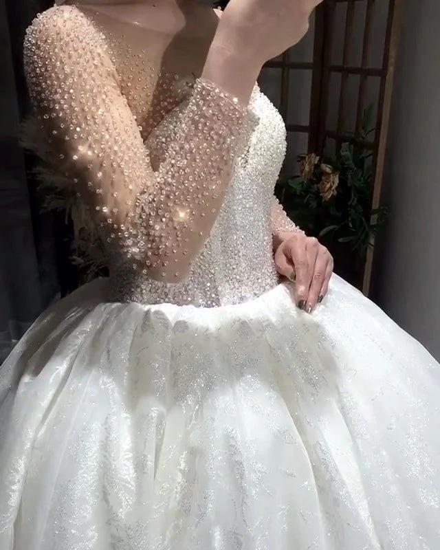 Bling Long Sleeves Ball Gown Wedding Dresses Beaded Corset Ball Gown Wedding