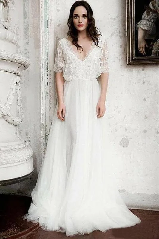 Boho Wedding Dresses Floor Length V Neck Long Rustic Wedding Gown Bridal Dress WK233 Sparkling Wedding Dress