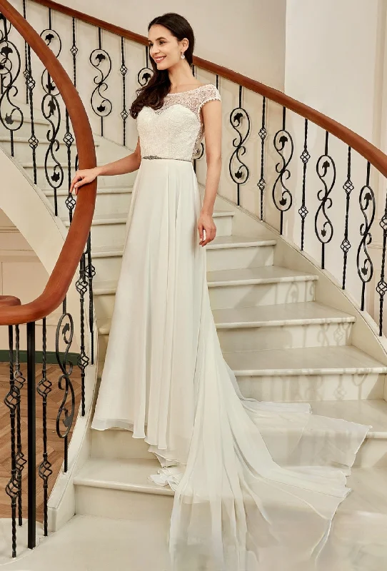 Cap Sleeve Chiffon A-Line Wedding Dress With Detachable Train Sleeveless Bridal Gown