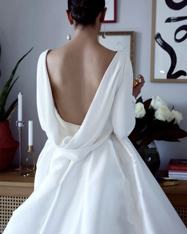 Draped Back Wedding Dress Satin Long Sleeves Ball Gown Chic Wedding Gown