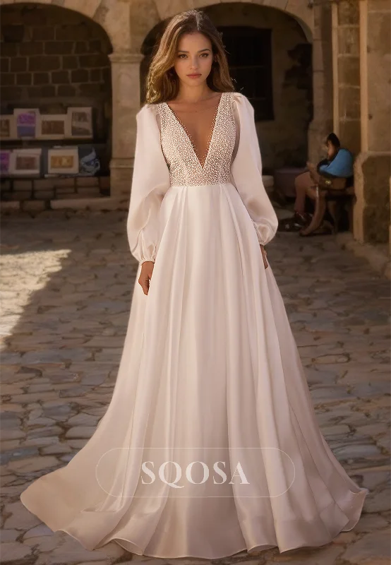 Deep V-Neck Long-Sleeves A-Line Bride Gowns Beaded Pleated Train Chiffon Wedding Dress Modern Wedding Gown