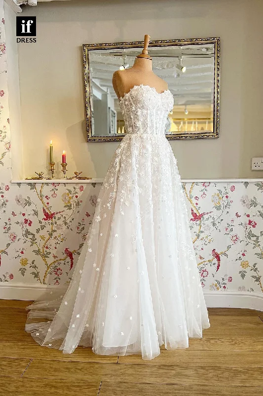 71012 - A-Line Off-Shoulder Sweetheart Appliques Beach Wedding Dress Beaded Lace Wedding