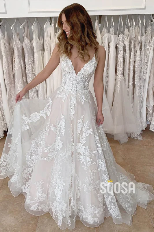 A-line V-neck Unique Appliques Lace Wedding Dress QW2297 Sleeveless Bridal Gown