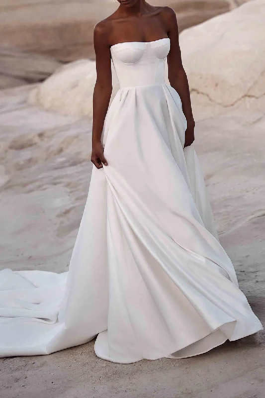 A Line Strapless White Satin Wedding Dress with Court Train QW2392 Wedding Dress Long