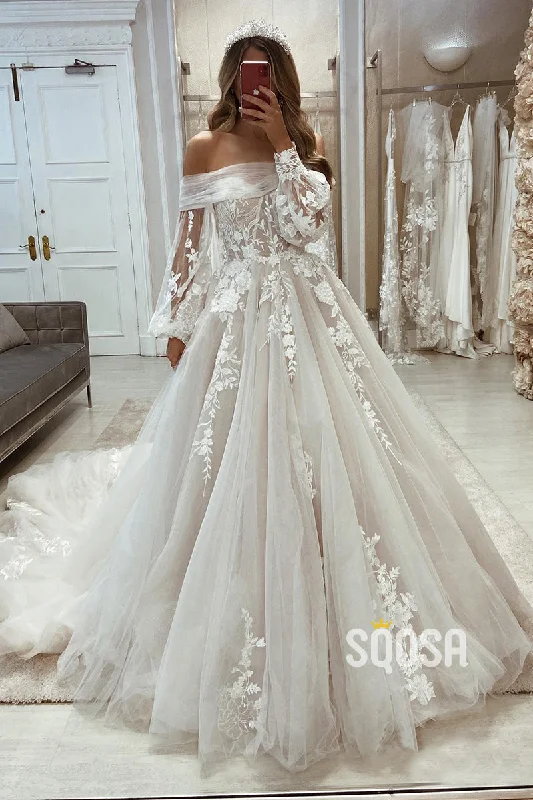 Off the Shoulder Lace Appliques Long Sleeves A-line Wedding Dress QW2406 Off-shoulder Bridal Dress