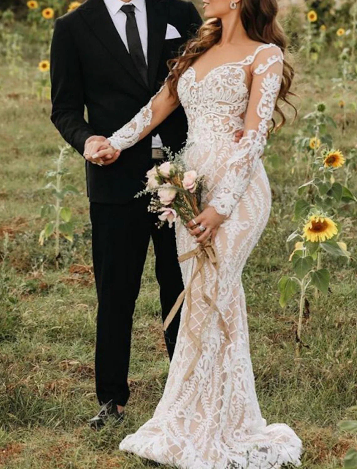 Engagement Formal Boho Wedding Dresses Mermaid / Trumpet Illusion Neck Long Sleeve Sweep / Brush Train Lace Bridal Gowns With Appliques Beaded Wedding Gown