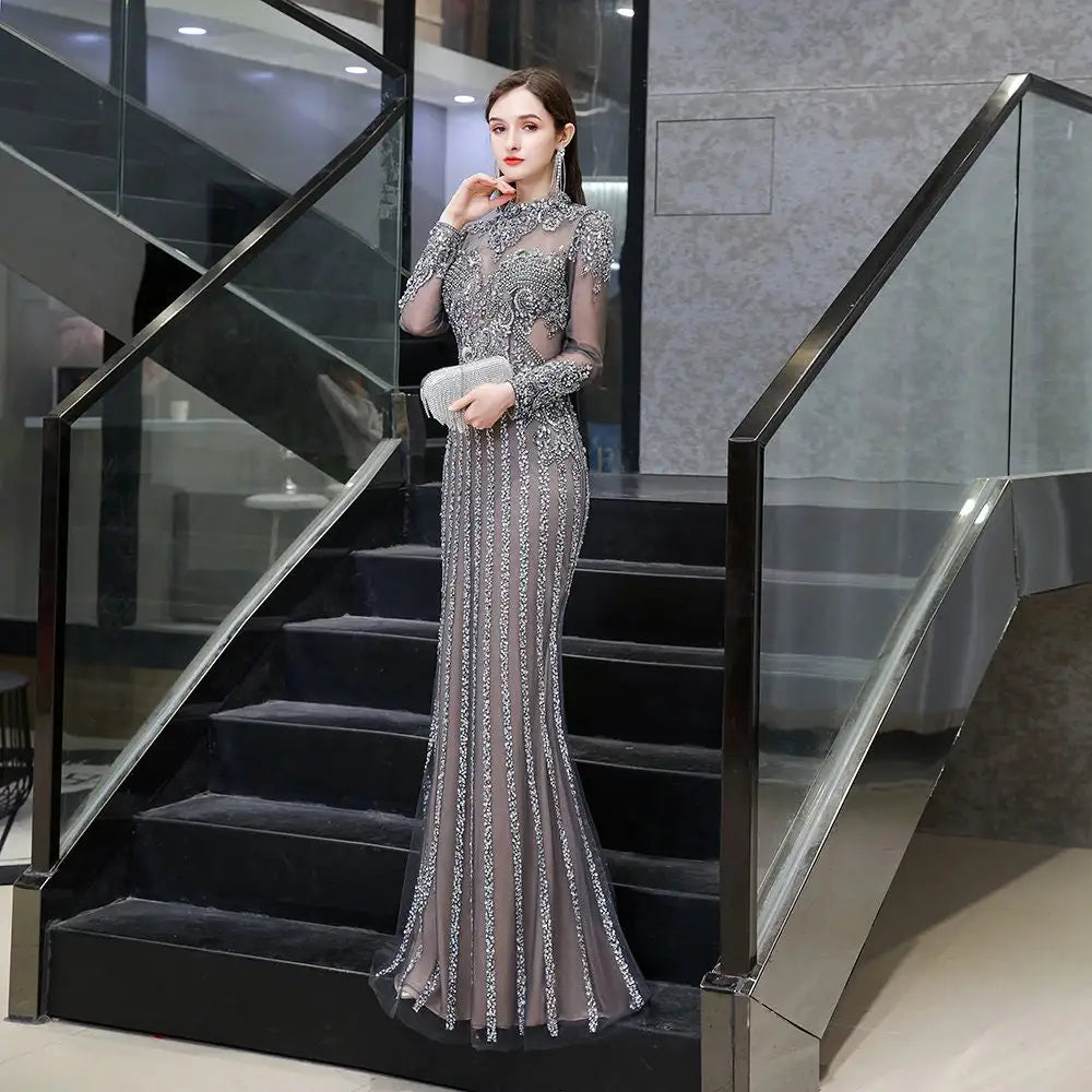 أروين AJH ARWEN  Gorgeous Long Sleeve Prom Dress Luxury Mermaid Evening Dress Gray High Neck Ilusion Appliques Beading Rhinestones Formal Gown Elegant Lace Gown