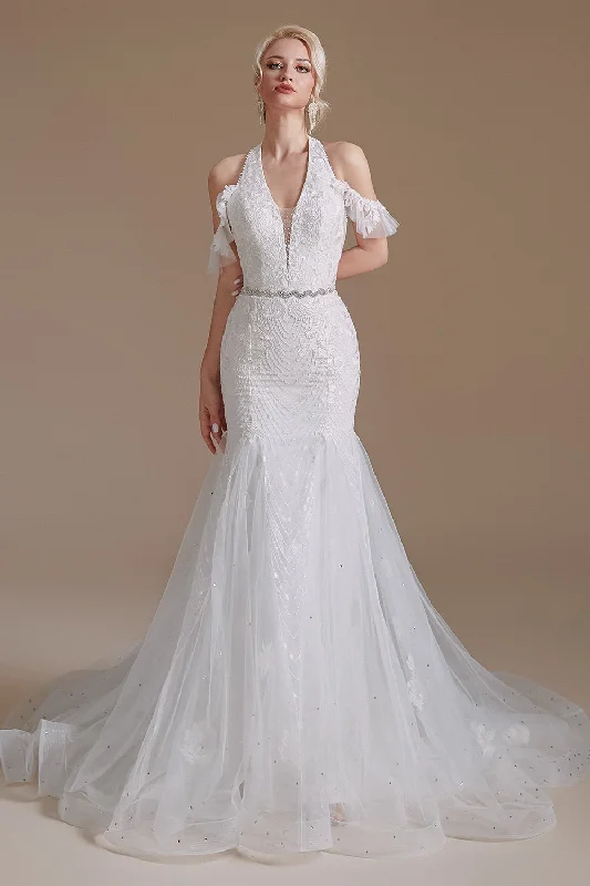 Gorgeous Long Mermaid Lace V-Neck Tulle Wedding Dress Luxury Lace Gown