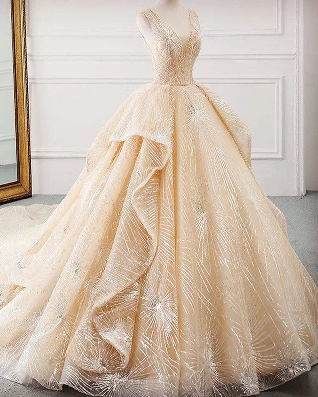 Luxury Wedding Dress Sequin V Neck Ball Gown Crystal Wedding Dress