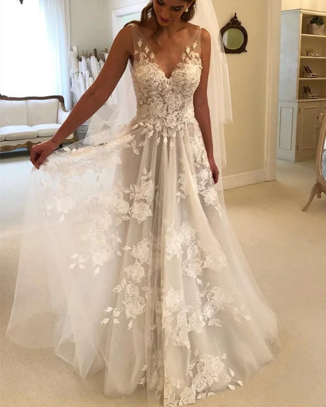 Princess Style A-line V-neck Tulle Floor Length Wedding Dresses Lace Embroidery Modern Lace Gown