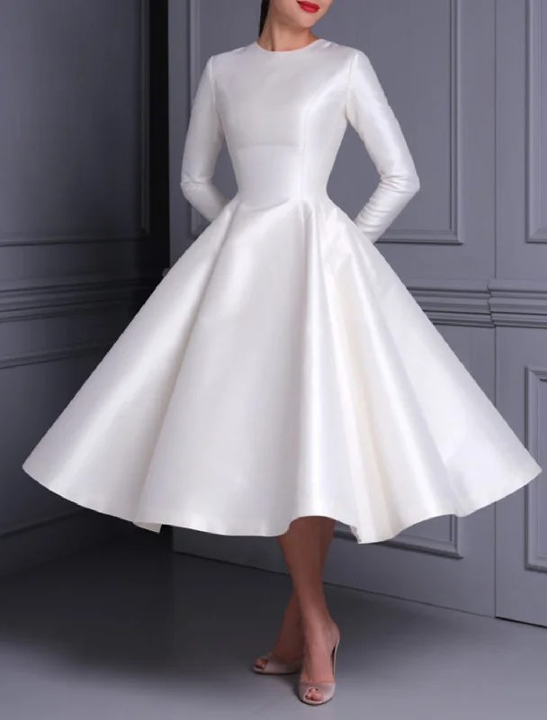 Reception Wedding Dresses Vintage 1940s / 1950s Simple Wedding Dresses A-Line Illusion Neck Long Sleeve Ankle Length Chiffon Bridal Gowns With Appliques Summer Wedding Party Soft Wedding Gown