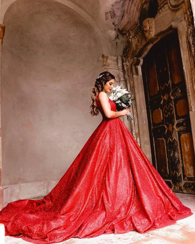 Red Wedding Dresses Sequin V Neck Ball Gowns Glamorous Wedding Dress