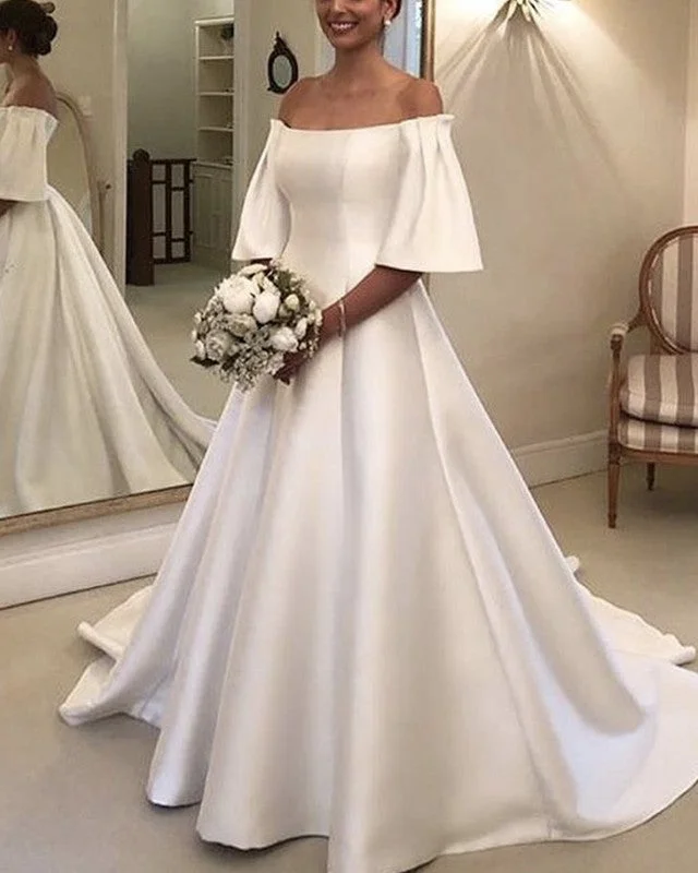 A Line Satin Wedding Gown Off Shoulder Strapless Bridal Dress