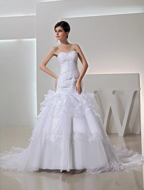 Trumpet/Mermaid Beading Sweetheart Long Organza Wedding Dresses TPP0007001 Off-shoulder Gown