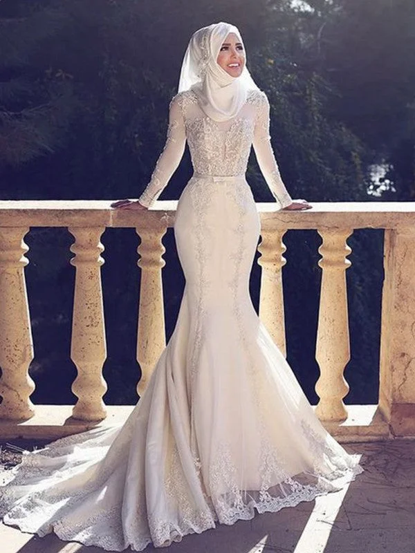 Trumpet/Mermaid Jewel Long Sleeves Sweep/Brush Train Lace Tulle Wedding Dresses TPP0007003 Elegant A-line Gown