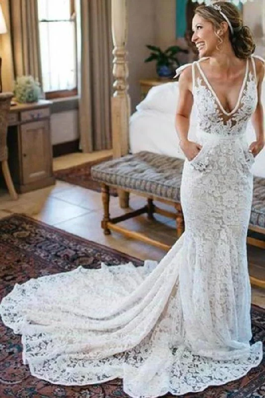 V-Neck Ivory Lace Long Mermaid Elegant Wedding Dresses PNSZB1P7 Classic Bridal Gown