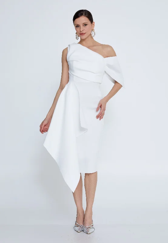 Asymmetric Neckline Midi Dress - White Tiered midi dresses