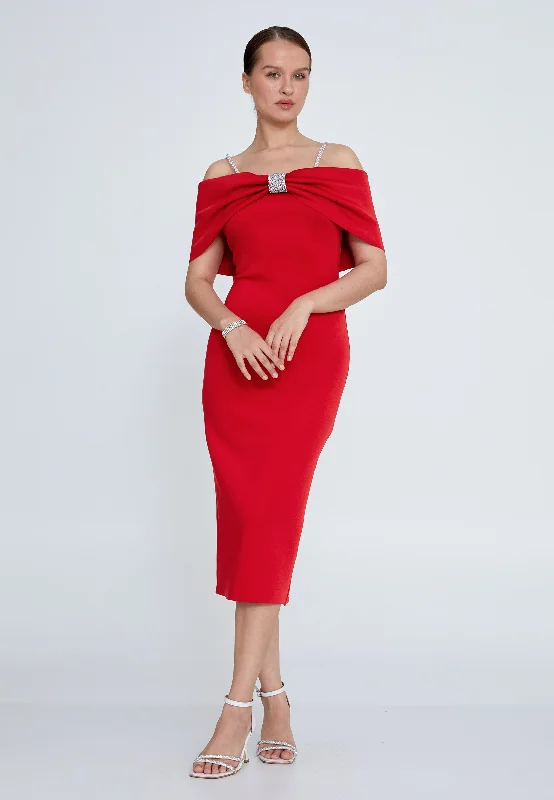 Big Bow Off Shoulder with Straps Midi Pencil Dress - Red Halter midi dresses