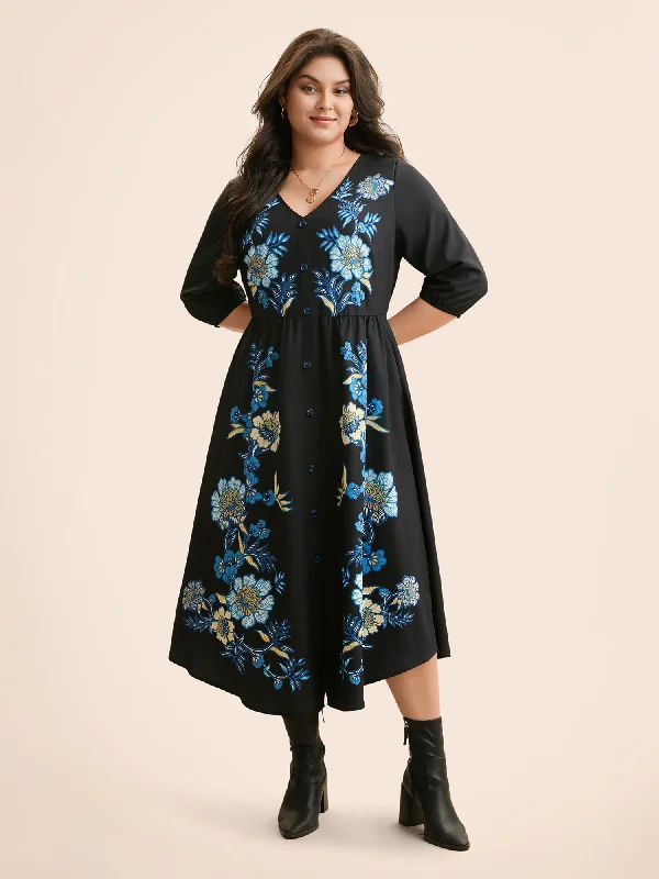 Boho Print Lantern Sleeve Midi Dress Elegant midi dresses