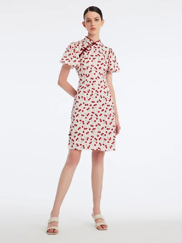 Mandarin Collar Cherry Print Cheongsam Midi Dress Cute floral print midi dresses