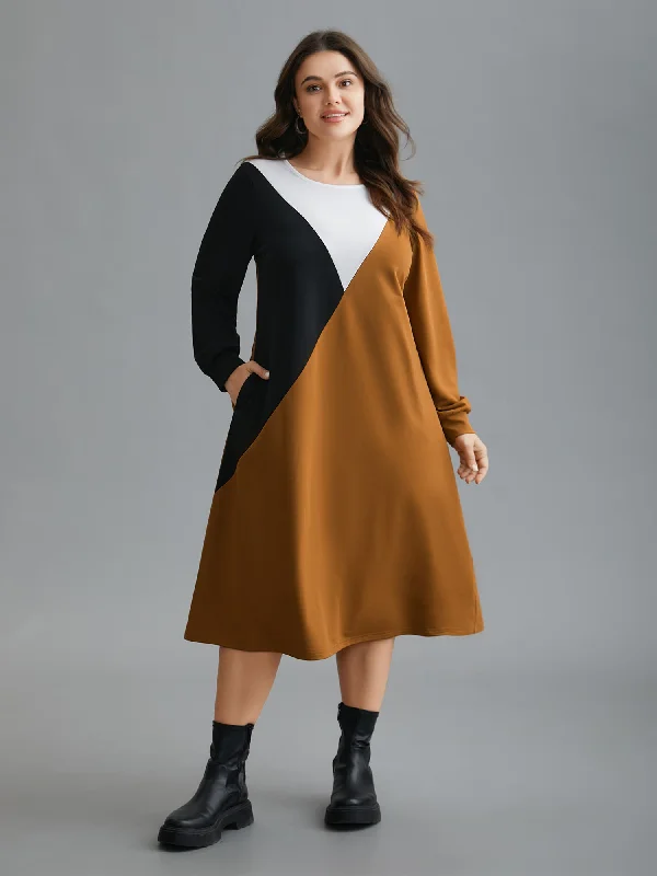 Colorblock Contrast Pockets Knitted Midi Dress Off-shoulder midi dresses