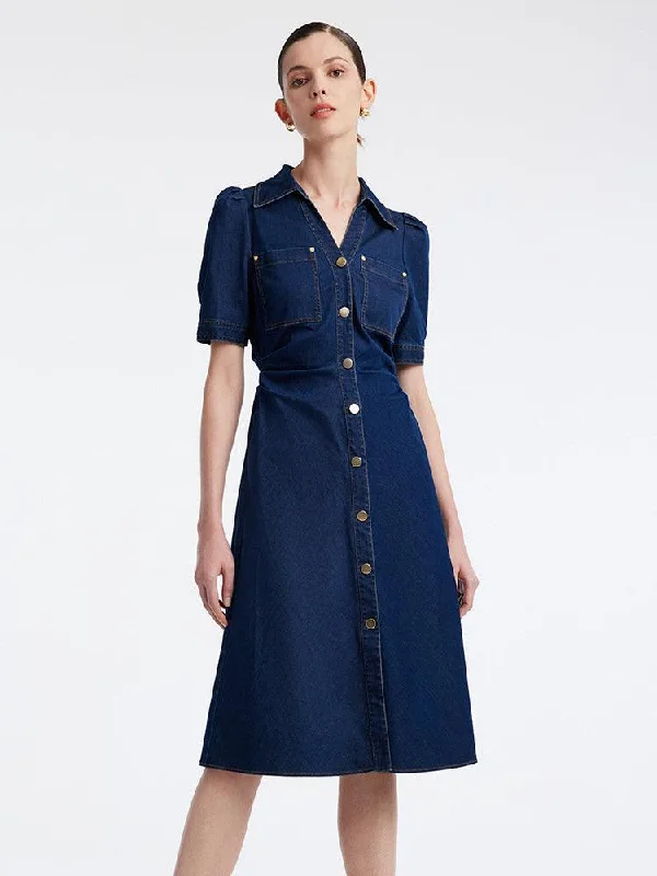 Denim Gathered Waist Pleated V-Neck Midi Dress Shein midi dresses