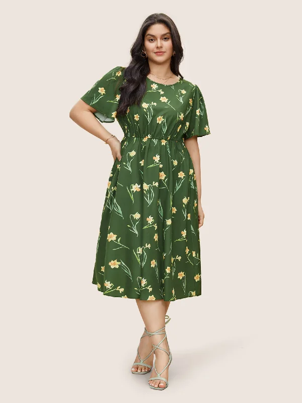 Floral Print Gathered Elastic Waist Midi Dress Flowy midi dresses