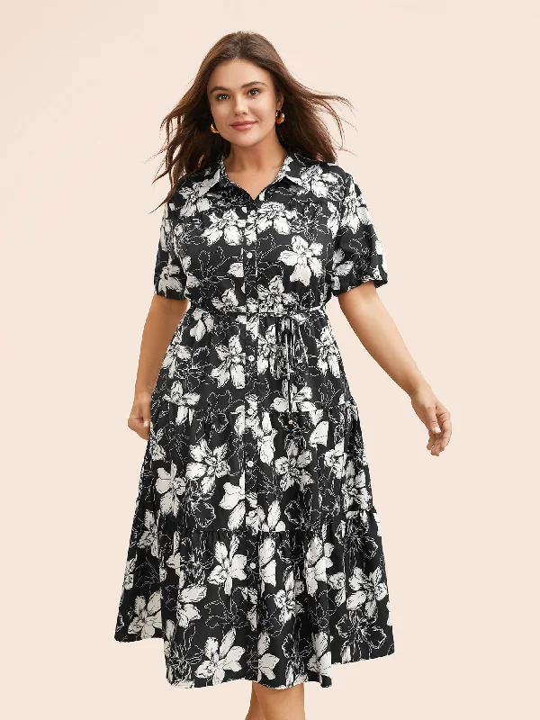 Floral Shirt Collar Belted Midi Dress Chiffon midi dresses