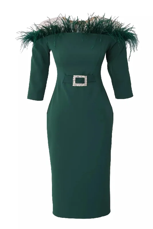 Crepe 3/4 Sleeve with Feather Neckline and Waist Buckle Midi Dress - Green Expensive midi dresses