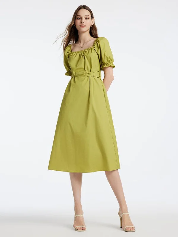 Green Puff Sleeve Square Neck Gathered Waist Midi Dress Fashion Nova midi dresses