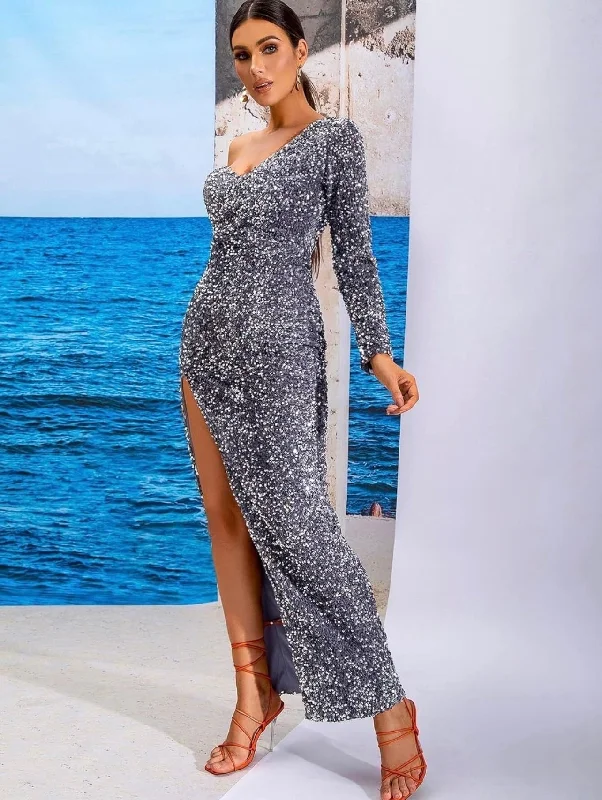 Midi Dress One Shoulder Sweetheart Neck with Long Slit Velvet Sequins Dress - Silver Goth midi dresses