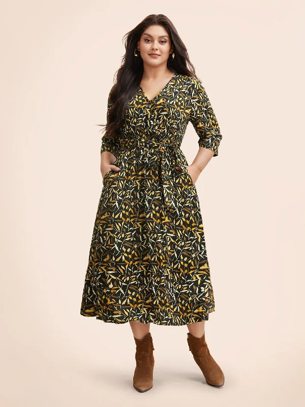 Plants Print Overlap Collar Midi Dress Vintage midi dresses