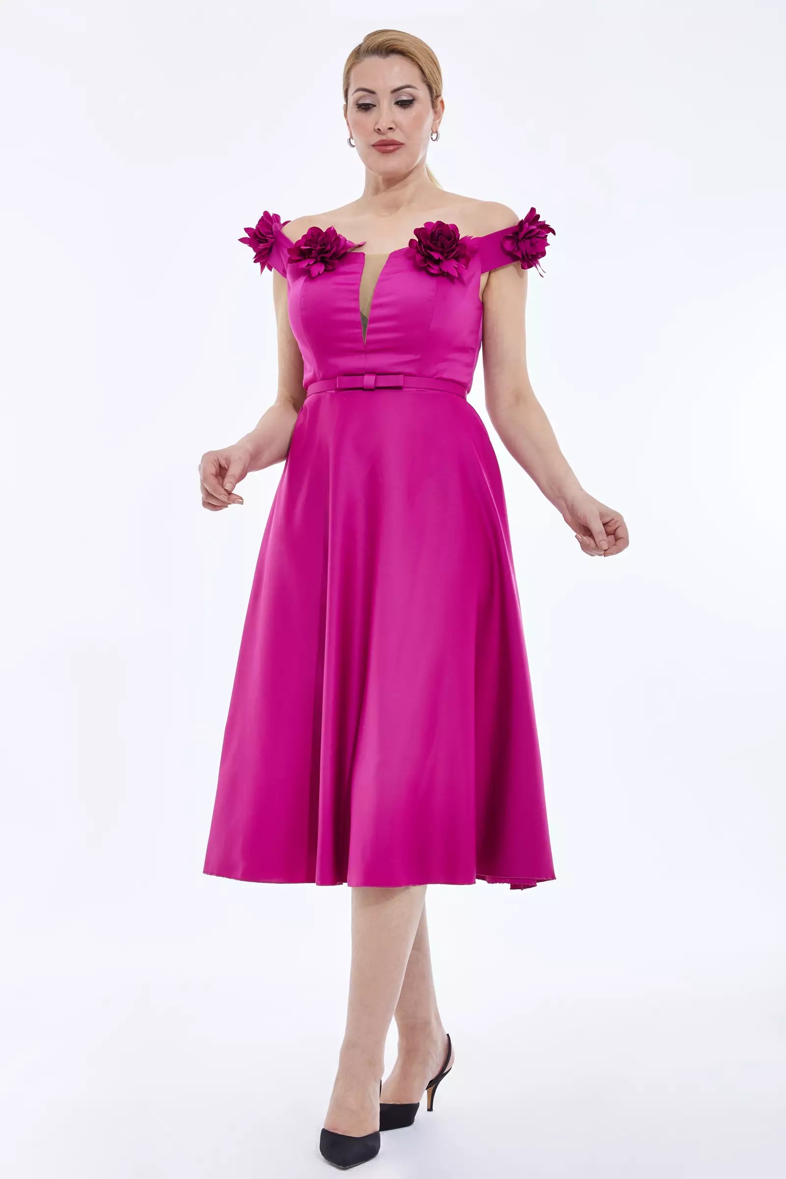 Plus Size Satin Off-Shoulder Midi Dress - Fuchsia Wrap midi dresses