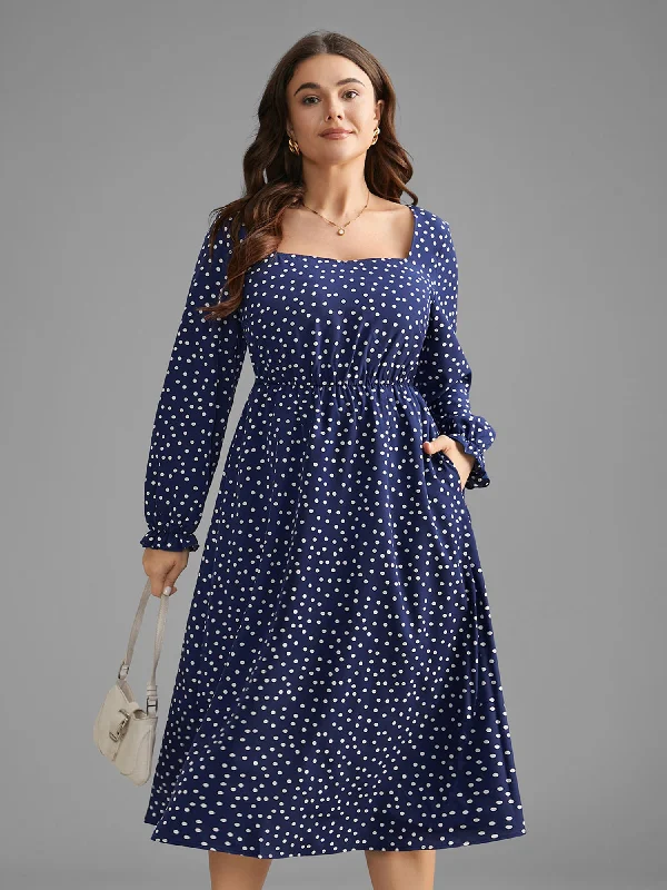 Polka Dot Heart Neckline Midi Dress Stretchy midi dresses