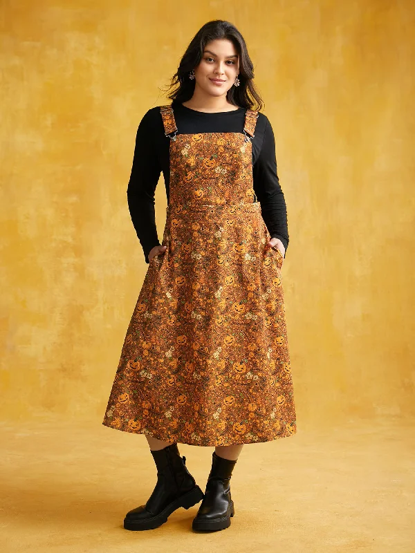 Pumpkin Print Suspender Midi Dress Boho midi dresses